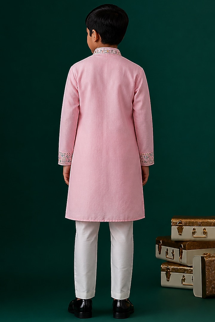 Pink Tussar Embroidered Kurta Set For Boys by Sammohan Kids at Pernia's Pop Up Shop