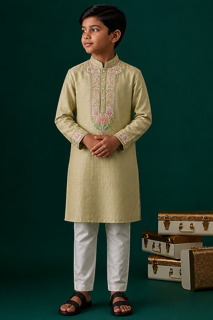 Green Tussar Embroidered Kurta Set For Boys by Sammohan Kids at Pernia's Pop Up Shop