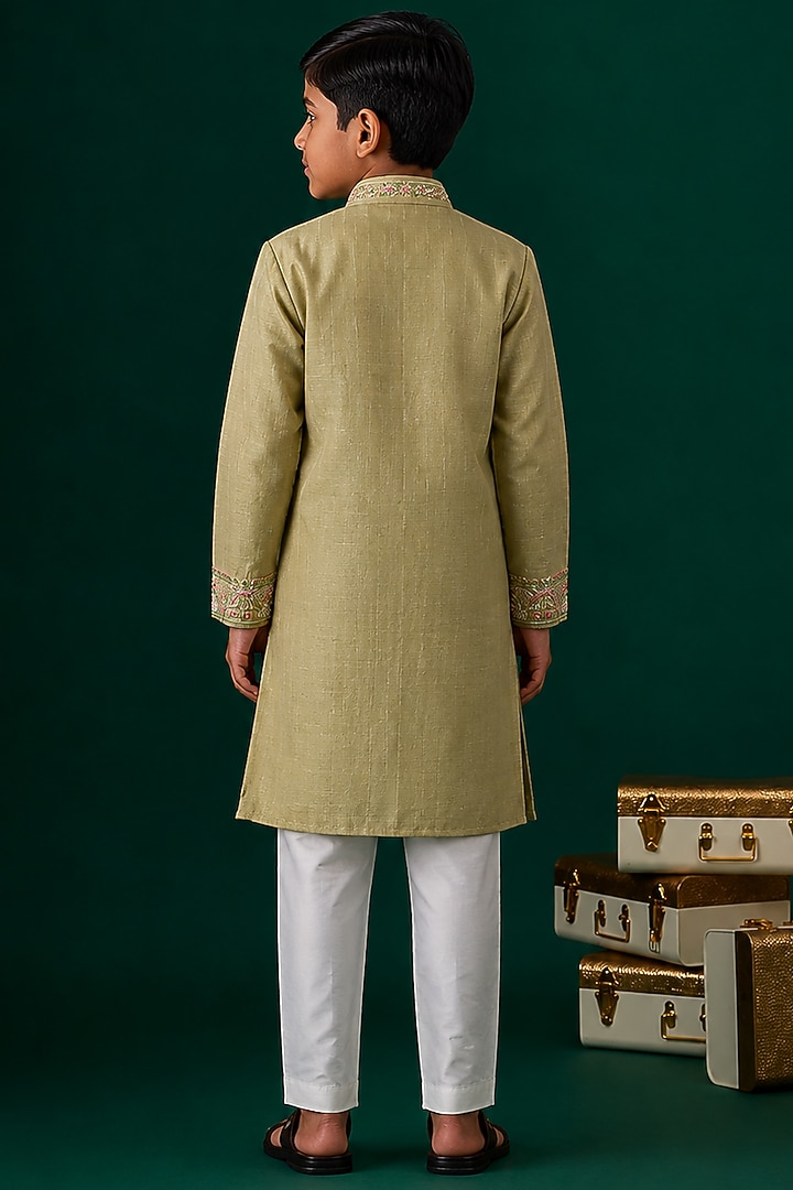 Green Tussar Embroidered Kurta Set For Boys by Sammohan Kids at Pernia's Pop Up Shop
