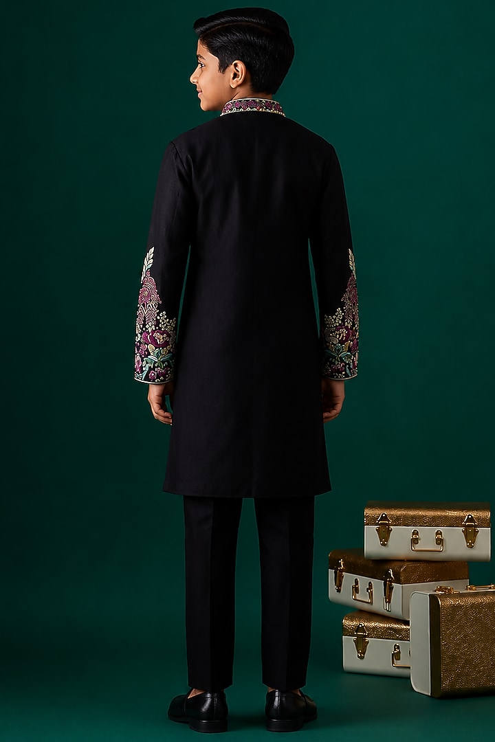 Black Tussar Embroidered Kurta Set For Boys by Sammohan Kids at Pernia's Pop Up Shop