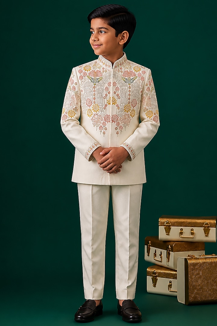 Ivory Tussar Embroidered Bandhgala Set For Boys by Sammohan Kids at Pernia's Pop Up Shop