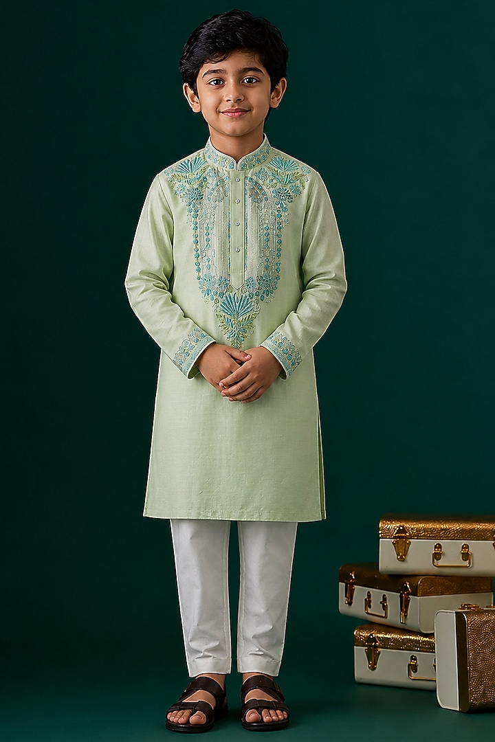 Green Tussar Embroidered Kurta Set For Boys by Sammohan Kids at Pernia's Pop Up Shop