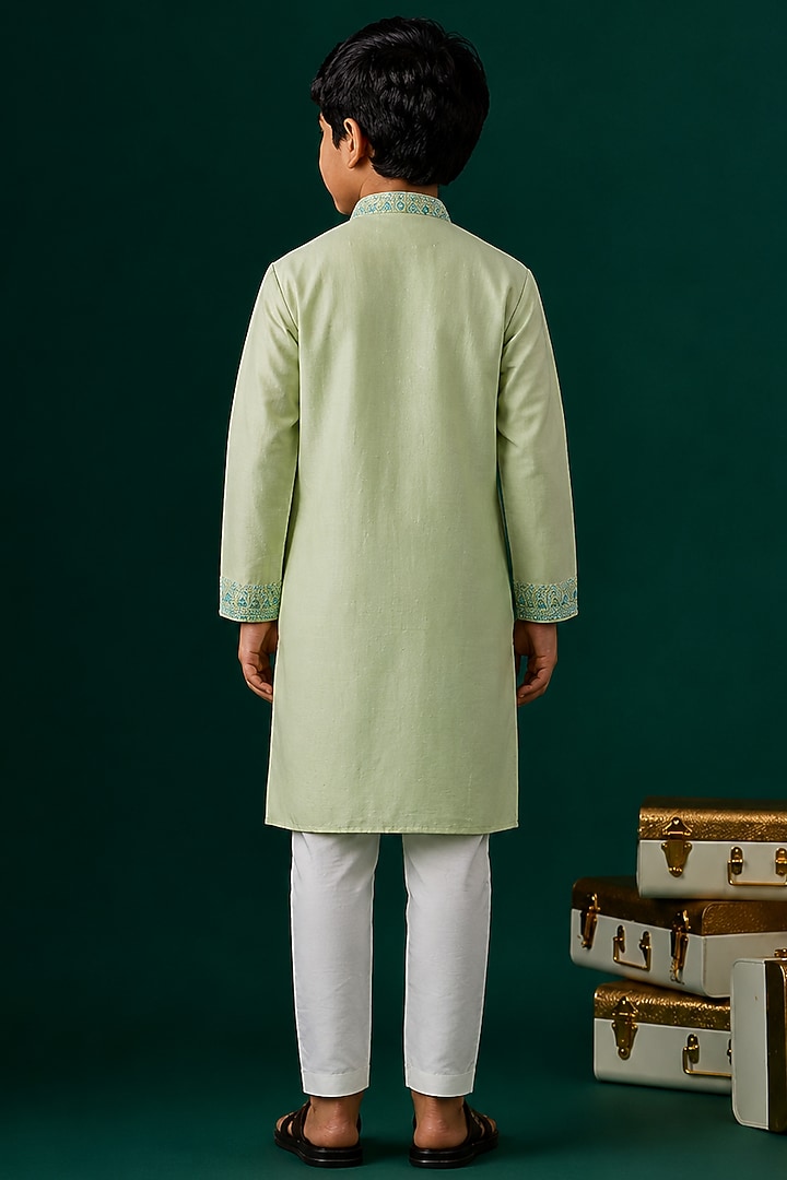 Green Tussar Embroidered Kurta Set For Boys by Sammohan Kids at Pernia's Pop Up Shop