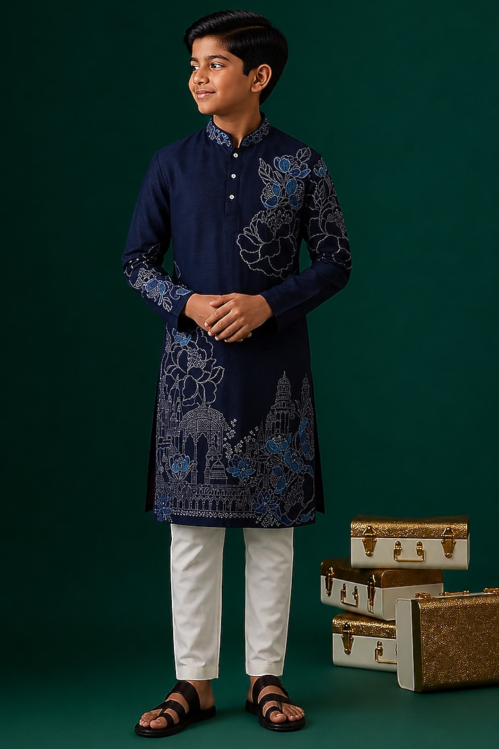 Blue Tussar Embroidered Kurta Set For Boys by Sammohan Kids at Pernia's Pop Up Shop