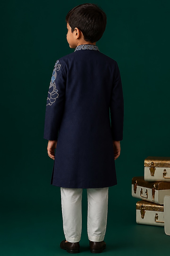 Blue Tussar Embroidered Kurta Set For Boys by Sammohan Kids at Pernia's Pop Up Shop