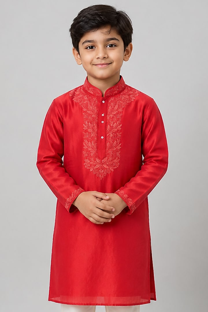 Red Tussar Resham Embroidered Kurta Set For Boys by Sammohan Kids at Pernia's Pop Up Shop