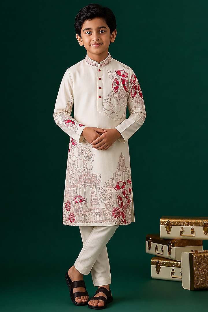 Ivory Tussar Embroidered Kurta Set For Boys by Sammohan Kids at Pernia's Pop Up Shop