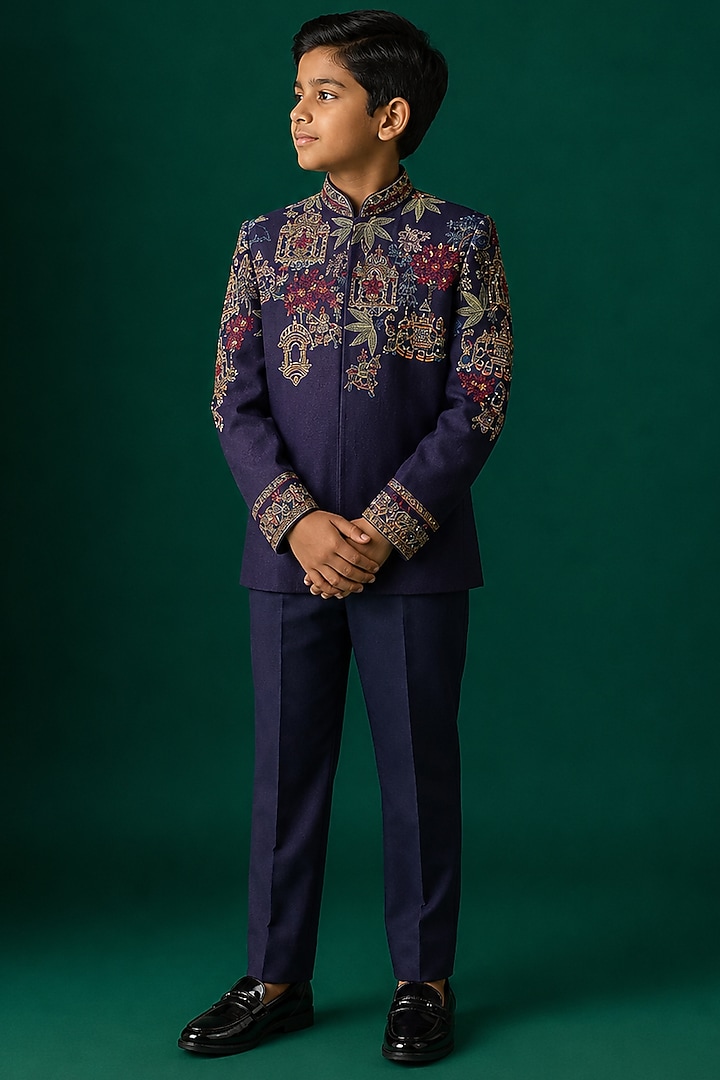 Blue Tussar Embroidered Bandhgala Set For Boys by Sammohan Kids at Pernia's Pop Up Shop