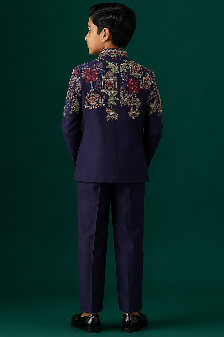 Blue Tussar Embroidered Bandhgala Set For Boys by Sammohan Kids at Pernia's Pop Up Shop