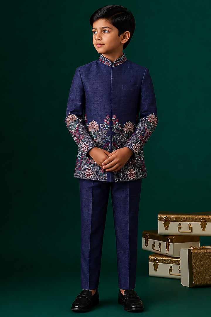 Blue Tussar Embroidered Bandhgala Set For Boys by Sammohan Kids at Pernia's Pop Up Shop