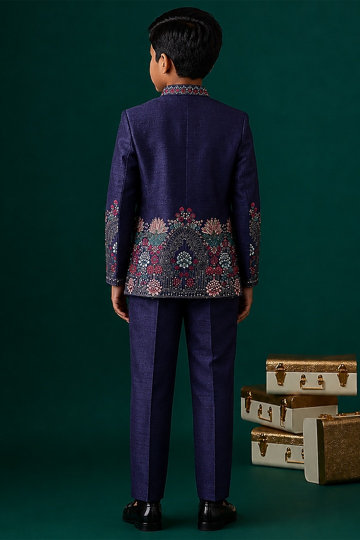 Blue Tussar Embroidered Bandhgala Set For Boys by Sammohan Kids at Pernia's Pop Up Shop