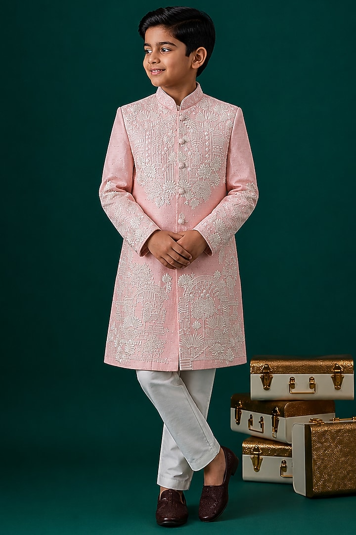 Pink Tussar Embroidered Sherwani Set For Boys by Sammohan Kids at Pernia's Pop Up Shop