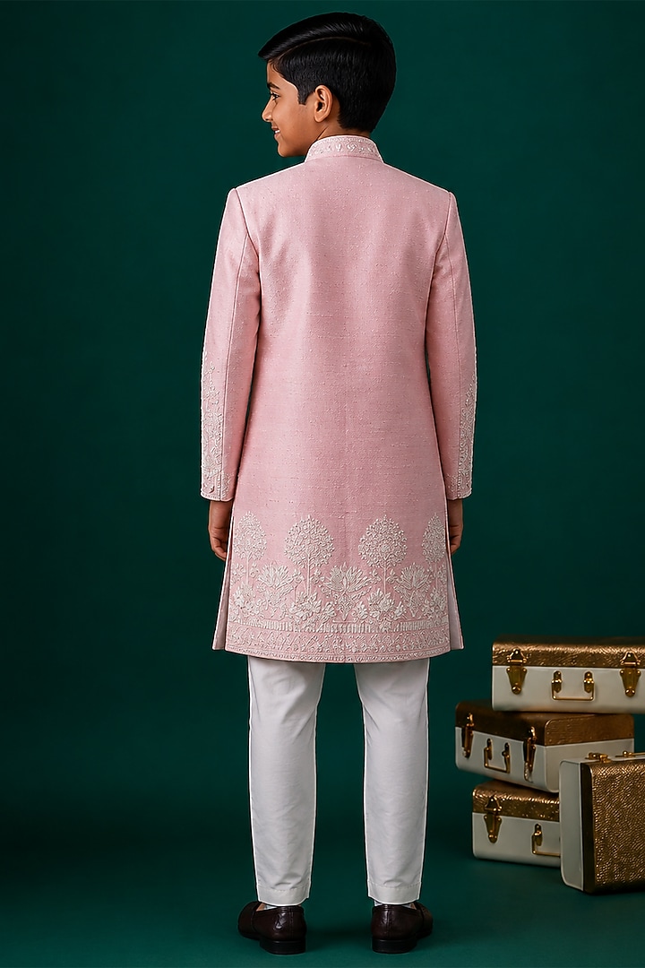 Pink Tussar Embroidered Sherwani Set For Boys by Sammohan Kids at Pernia's Pop Up Shop
