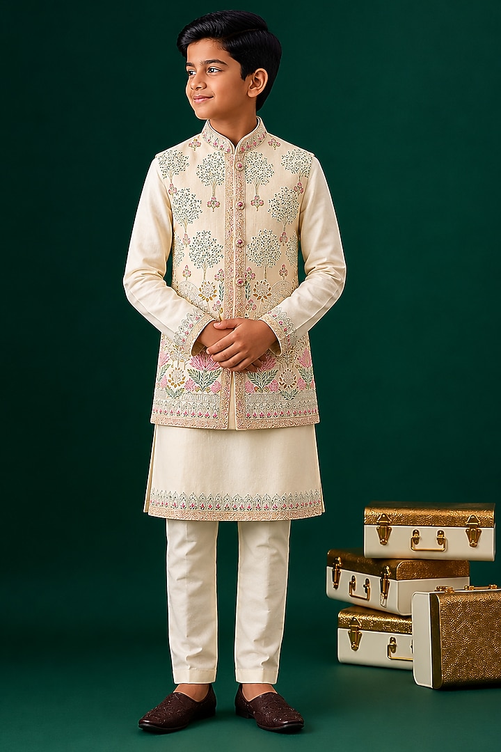 Ivory Tussar & Raw Silk Embroidered Bundi Jacket Set For Boys by Sammohan Kids at Pernia's Pop Up Shop