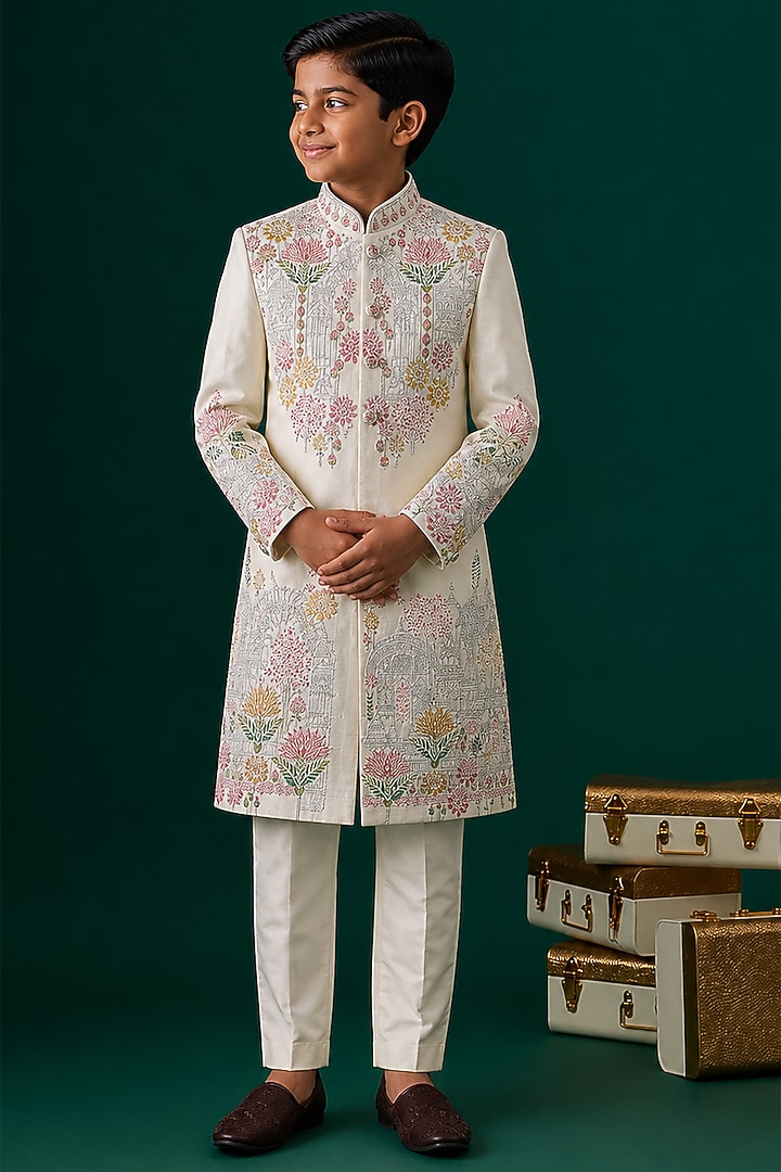 Ivory Tussar Embroidered Sherwani Set For Boys by Sammohan Kids at Pernia's Pop Up Shop