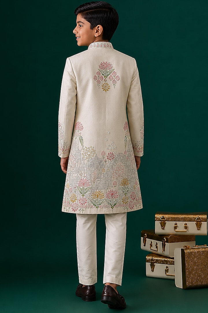 Ivory Tussar Embroidered Sherwani Set For Boys by Sammohan Kids at Pernia's Pop Up Shop
