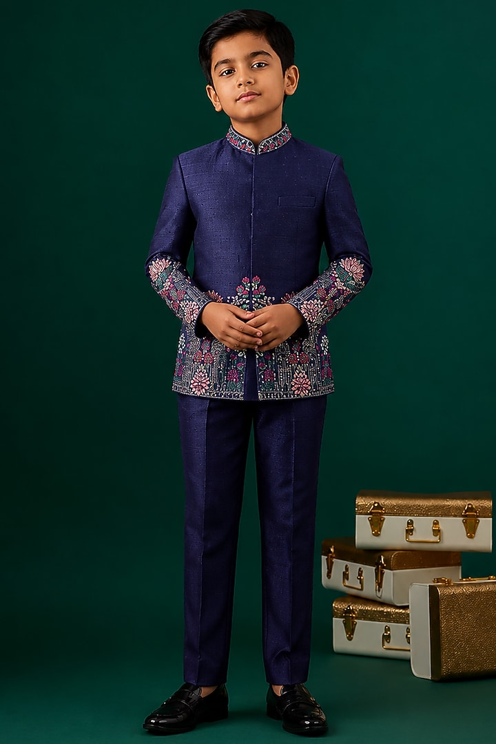 Blue Tussar Embroidered Bandhgala Set For Boys by Sammohan Kids at Pernia's Pop Up Shop
