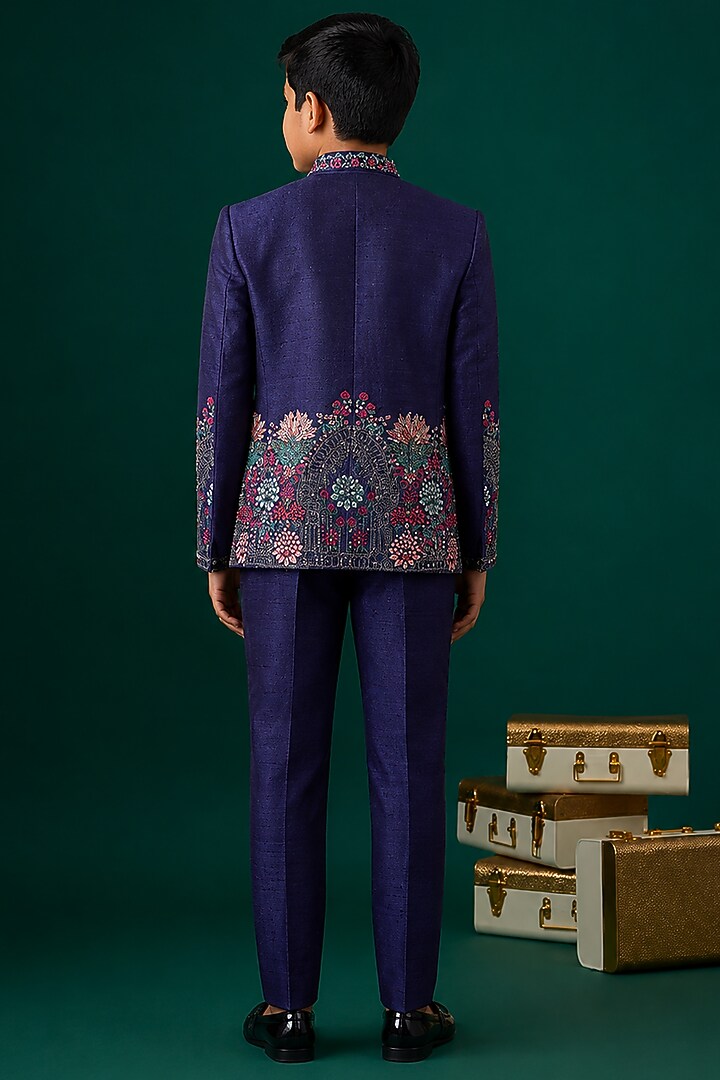 Blue Tussar Embroidered Bandhgala Set For Boys by Sammohan Kids at Pernia's Pop Up Shop