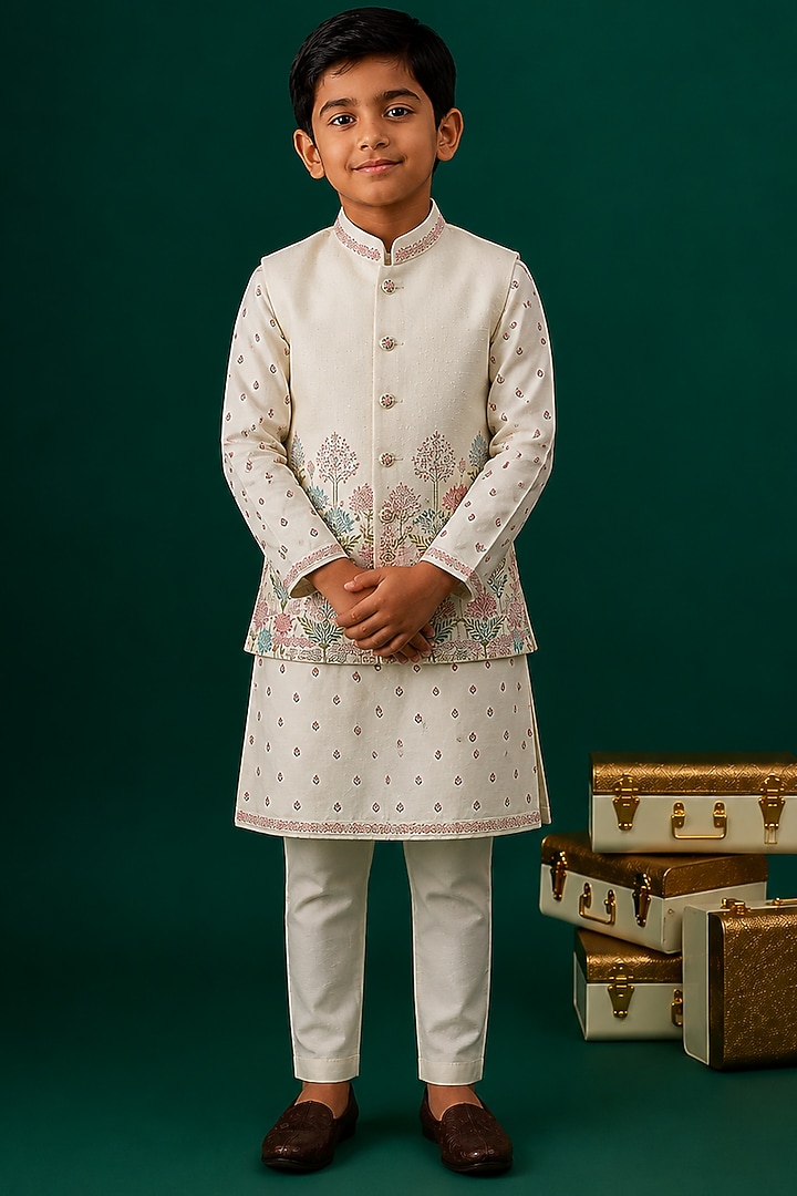 Ivory Tussar & Raw Silk Embroidered Bundi Jacket Set For Boys by Sammohan Kids at Pernia's Pop Up Shop