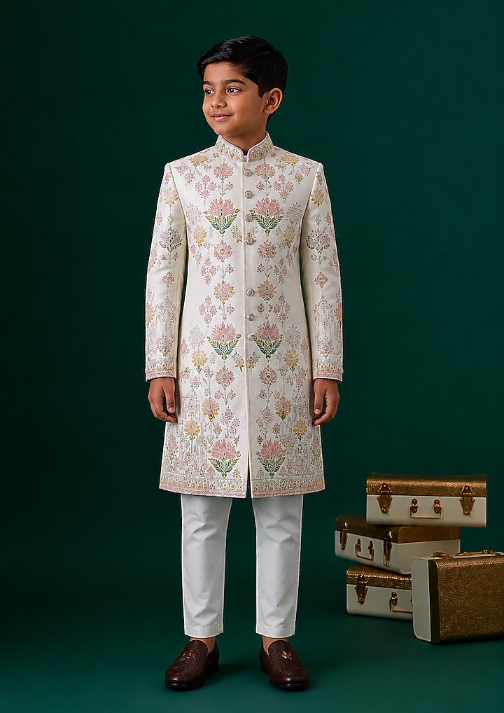 Ivory Tussar Embroidered Sherwani Set For Boys by Sammohan Kids at Pernia's Pop Up Shop