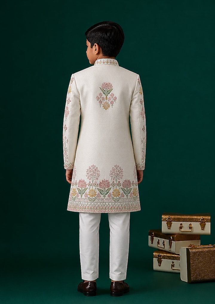 Ivory Tussar Embroidered Sherwani Set For Boys by Sammohan Kids at Pernia's Pop Up Shop