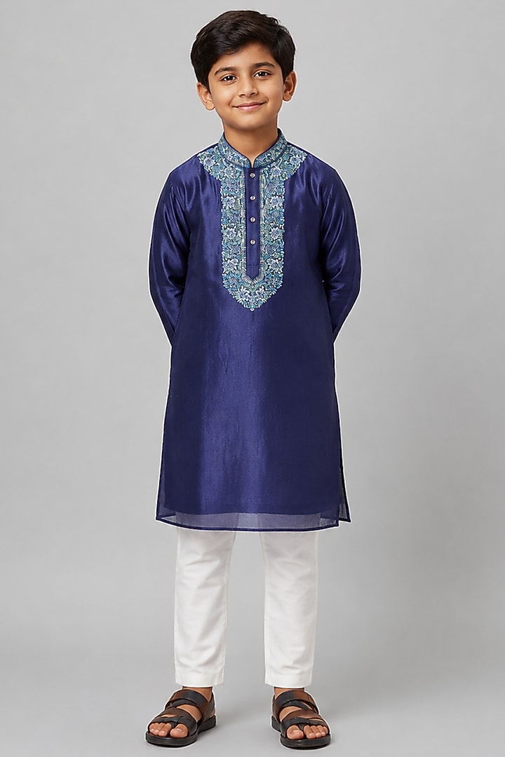Blue Tussar Resham Embroidered Kurta Set For Boys by Sammohan Kids at Pernia's Pop Up Shop