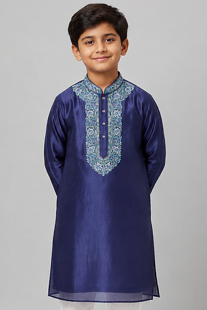 Blue Tussar Resham Embroidered Kurta Set For Boys by Sammohan Kids at Pernia's Pop Up Shop