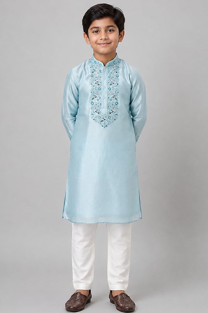 Blue Tussar Resham Embroidered Kurta Set For Boys by Sammohan Kids at Pernia's Pop Up Shop