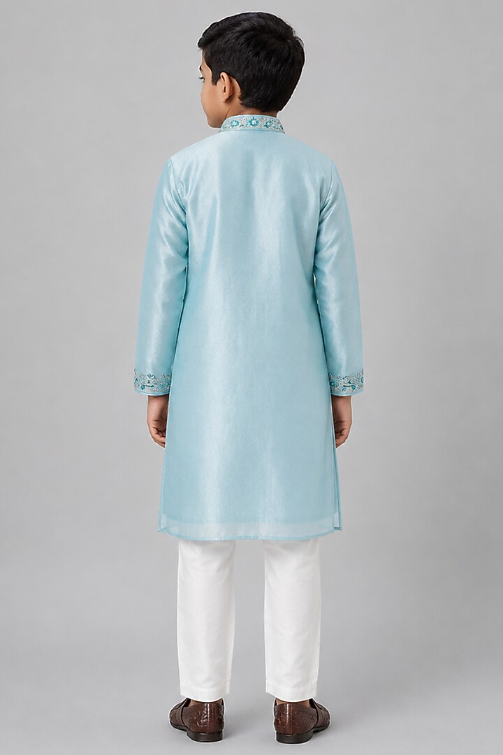 Blue Tussar Resham Embroidered Kurta Set For Boys by Sammohan Kids at Pernia's Pop Up Shop