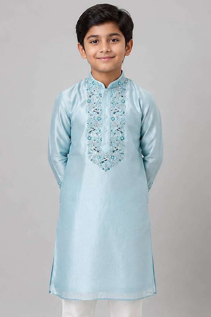 Blue Tussar Resham Embroidered Kurta Set For Boys by Sammohan Kids at Pernia's Pop Up Shop