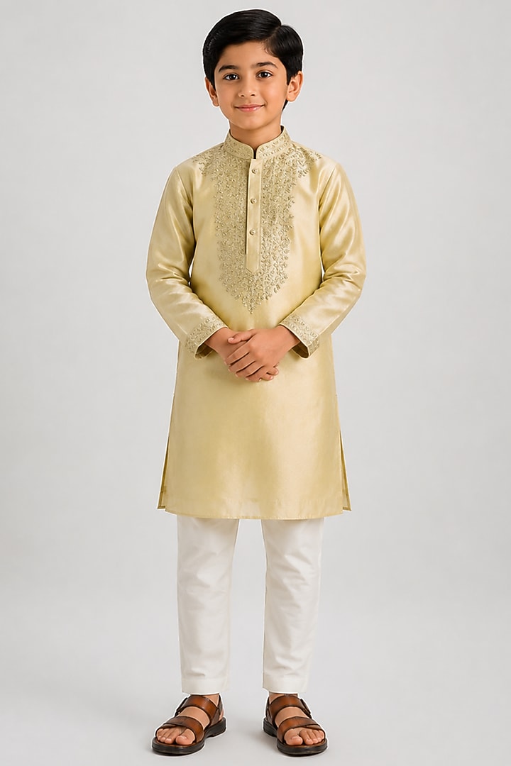 Beige Tussar Resham Embroidered Kurta Set For Boys by Sammohan Kids at Pernia's Pop Up Shop