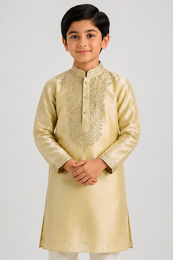 Beige Tussar Resham Embroidered Kurta Set For Boys by Sammohan Kids at Pernia's Pop Up Shop