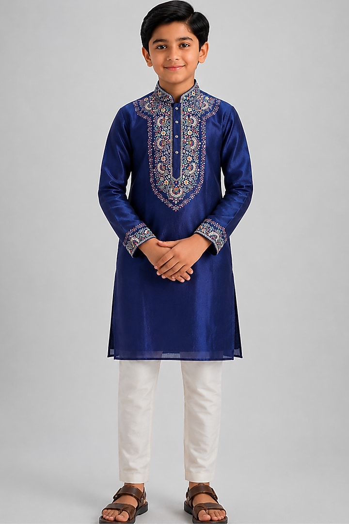 Blue Tussar Resham Embroidered Kurta Set For Boys by Sammohan Kids at Pernia's Pop Up Shop