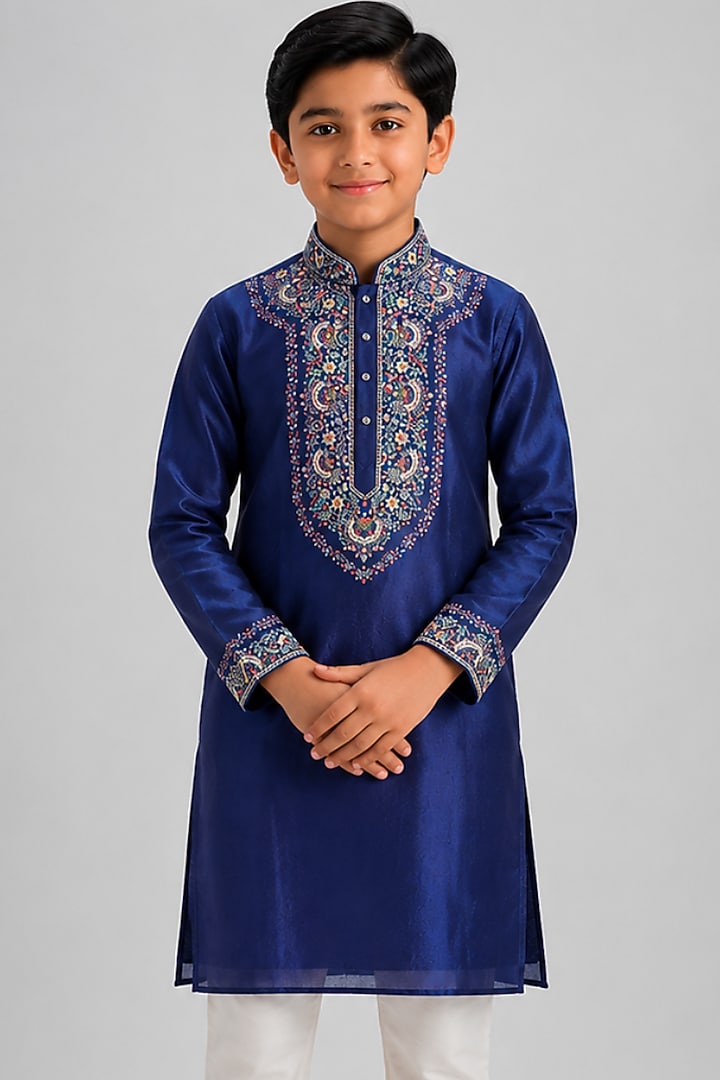 Blue Tussar Resham Embroidered Kurta Set For Boys by Sammohan Kids at Pernia's Pop Up Shop
