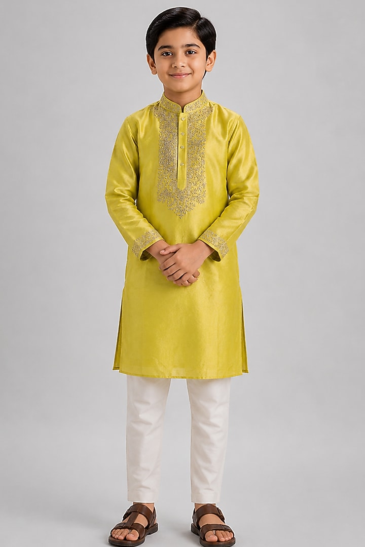 Yellow Tussar Resham Embroidered Kurta Set For Boys by Sammohan Kids at Pernia's Pop Up Shop
