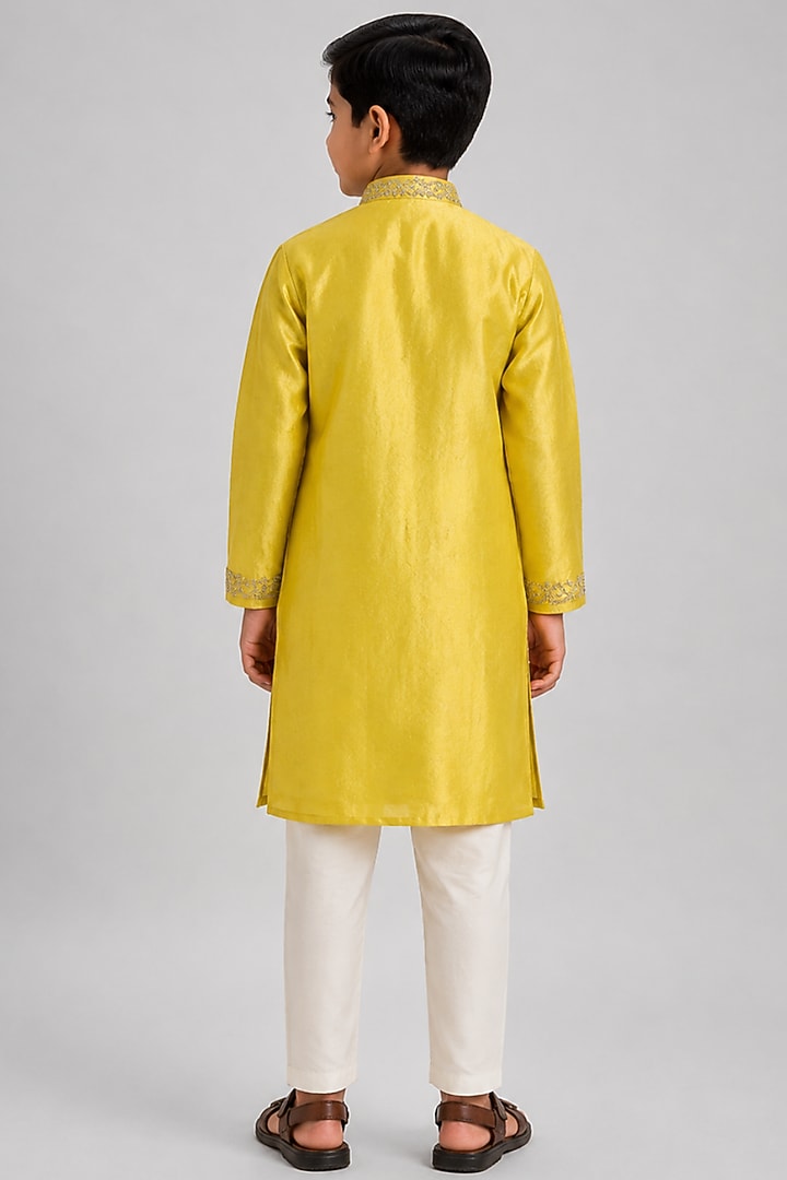 Yellow Tussar Resham Embroidered Kurta Set For Boys by Sammohan Kids at Pernia's Pop Up Shop
