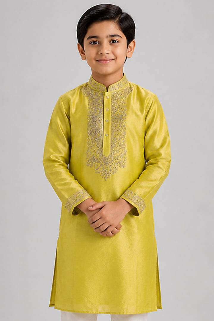 Yellow Tussar Resham Embroidered Kurta Set For Boys by Sammohan Kids at Pernia's Pop Up Shop