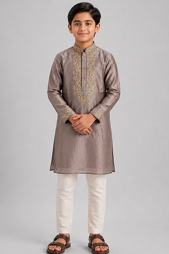 Grey Tussar Resham Embroidered Kurta Set For Boys by Sammohan Kids at Pernia's Pop Up Shop
