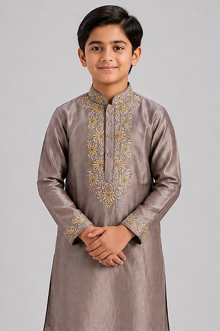Grey Tussar Resham Embroidered Kurta Set For Boys by Sammohan Kids at Pernia's Pop Up Shop