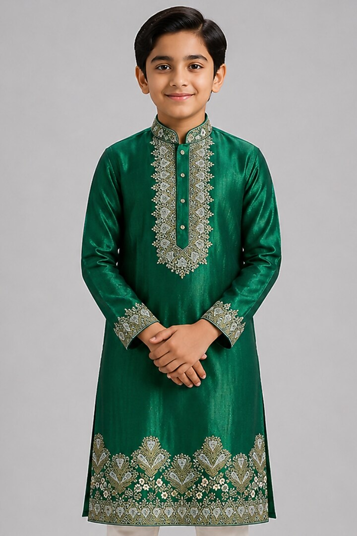 Green Tussar Resham Embroidered Kurta Set For Boys by Sammohan Kids at Pernia's Pop Up Shop