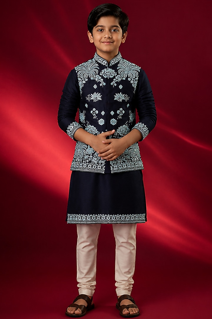 Black Tussar Resham Embroidered Bundi Jacket Set For Boys by Sammohan Kids at Pernia's Pop Up Shop