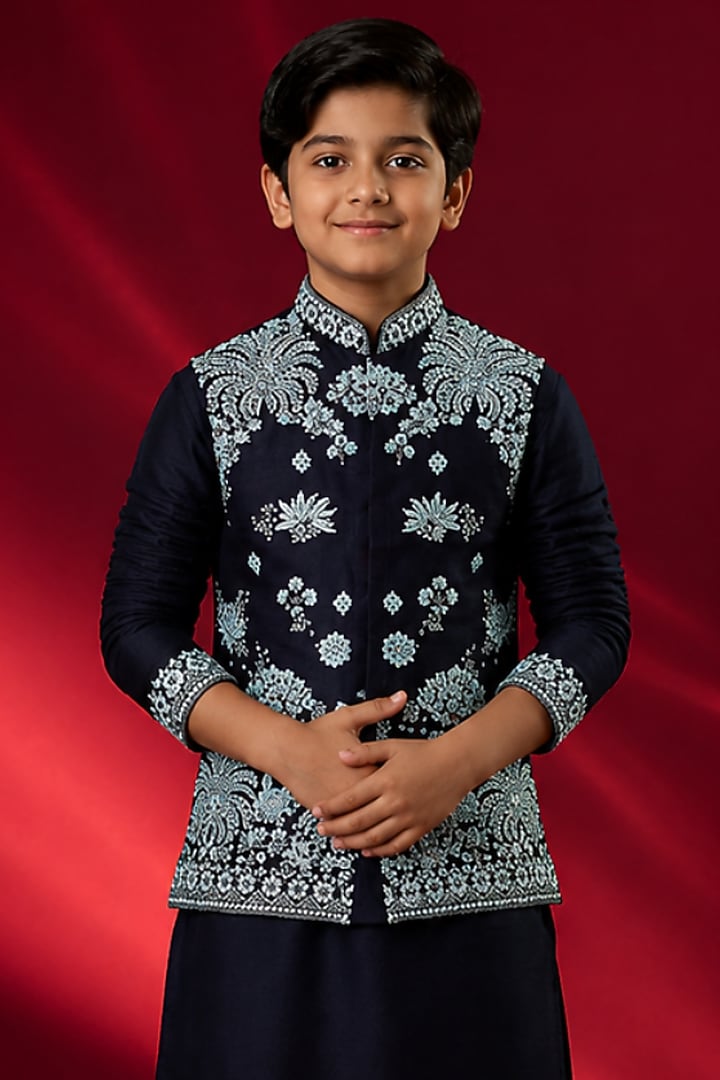 Black Tussar Resham Embroidered Bundi Jacket Set For Boys by Sammohan Kids at Pernia's Pop Up Shop