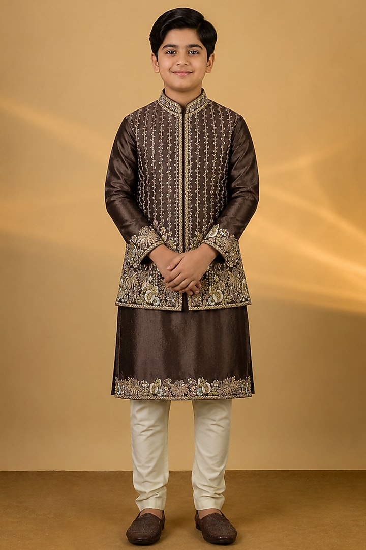 Beige Tussar Resham Embroidered Bundi Jacket Set For Boys by Sammohan Kids at Pernia's Pop Up Shop
