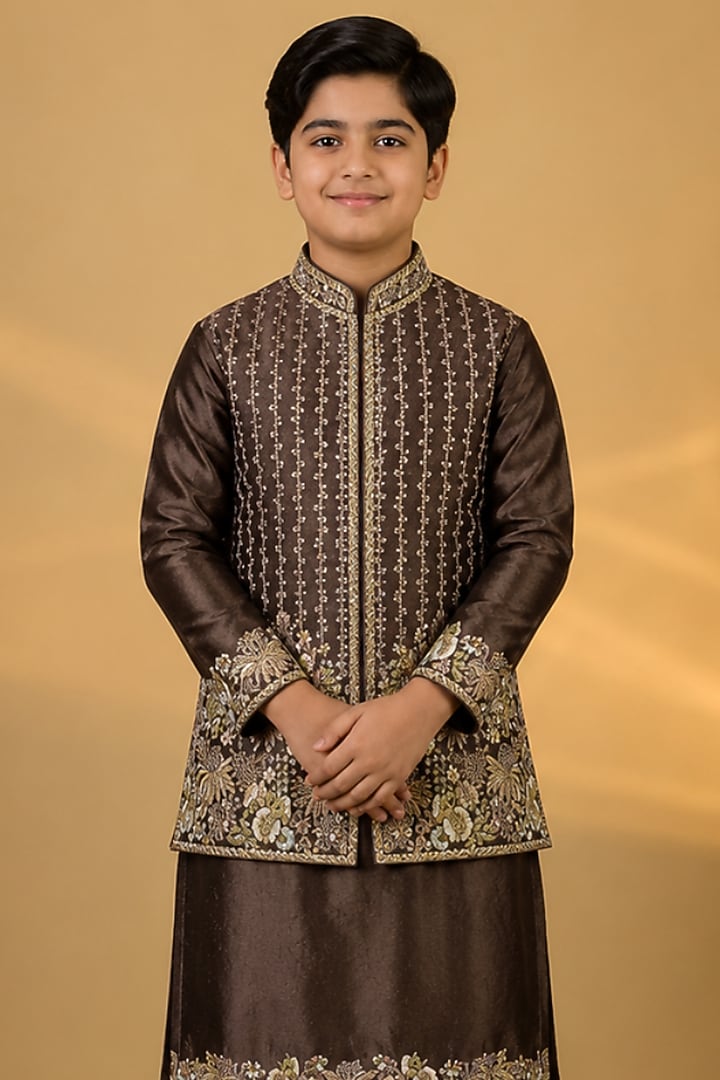 Beige Tussar Resham Embroidered Bundi Jacket Set For Boys by Sammohan Kids at Pernia's Pop Up Shop