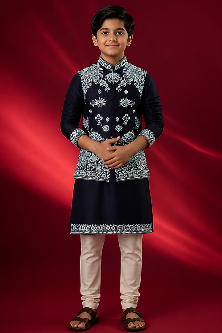 Blue Tussar Resham & Thread Work Bundi Jacket Set For Boys by Sammohan Kids at Pernia's Pop Up Shop