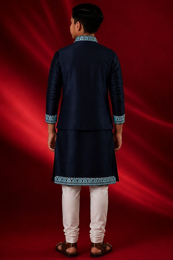 Blue Tussar Resham & Thread Work Bundi Jacket Set For Boys by Sammohan Kids at Pernia's Pop Up Shop