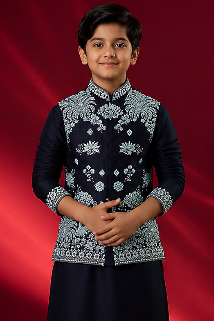 Blue Tussar Resham & Thread Work Bundi Jacket Set For Boys by Sammohan Kids at Pernia's Pop Up Shop