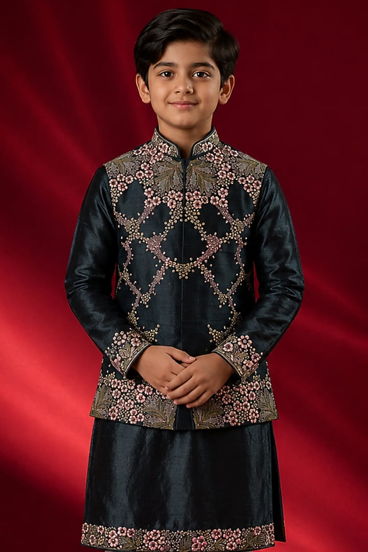 Grey Tussar Resham & Thread Work Bundi Jacket Set For Boys by Sammohan Kids at Pernia's Pop Up Shop