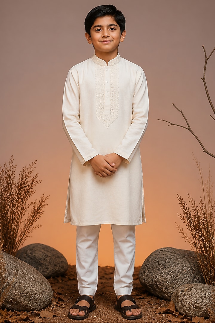 Ivory Tussar Thread & Resham Work Kurta Set For Boys by Sammohan Kids at Pernia's Pop Up Shop