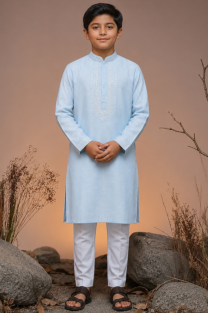 Blue Tussar Thread & Resham Work Kurta Set For Boys by Sammohan Kids at Pernia's Pop Up Shop